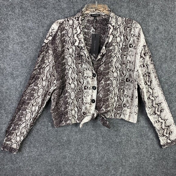 Dynamite Tie Front Blouse NWT Women L Brown Snake Print Cropped 3 Buttons - Picture 1 of 12